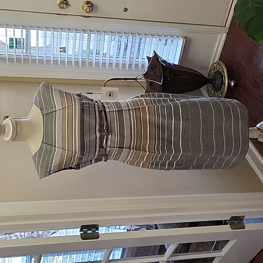 Calvin Klein gray tan cream striped sleeveless dress empire waist belt 6 New